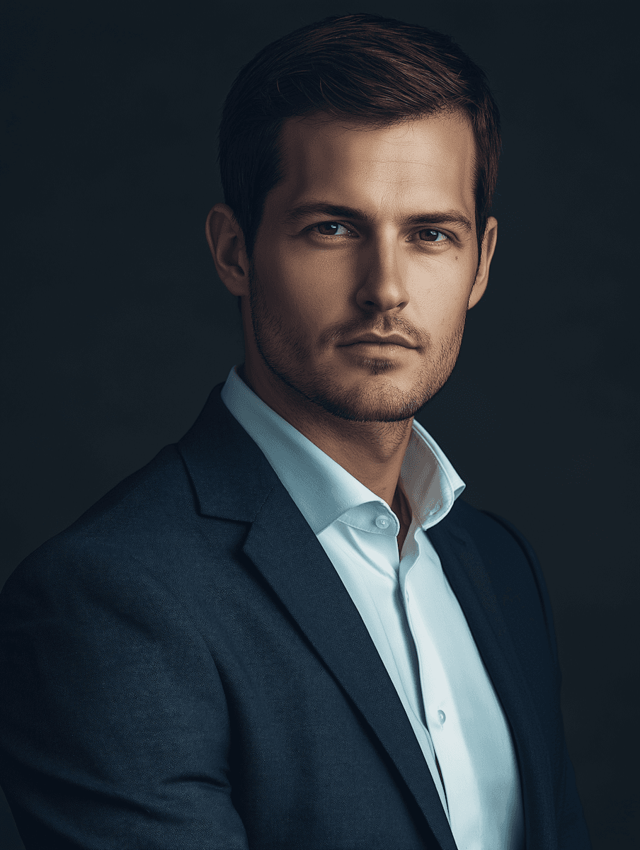 a man standing in the dark with a serious look on his face